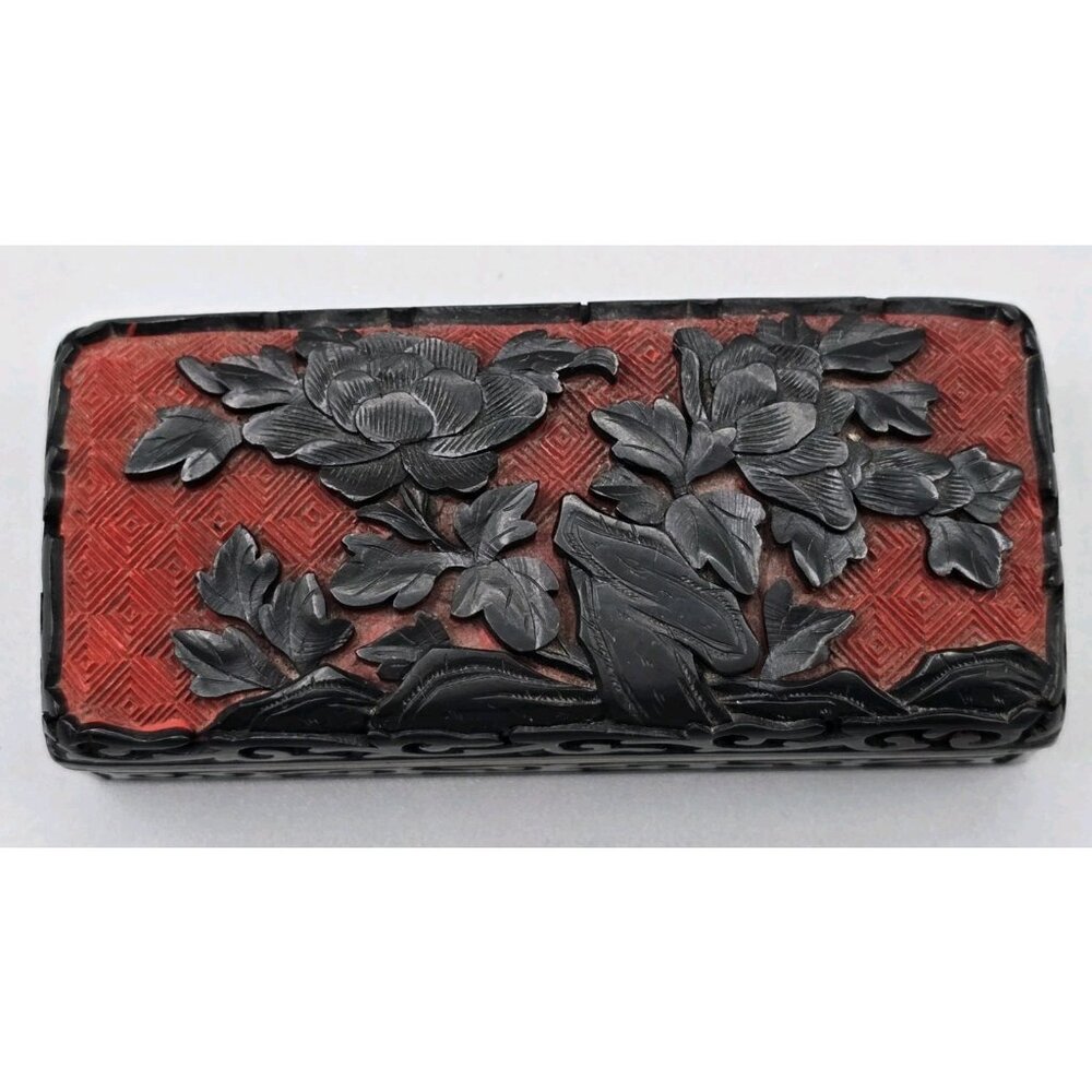 Antique Chinese‎ Cinnabar Lacquer 2 pc Covered Trinket Box Black Over Red